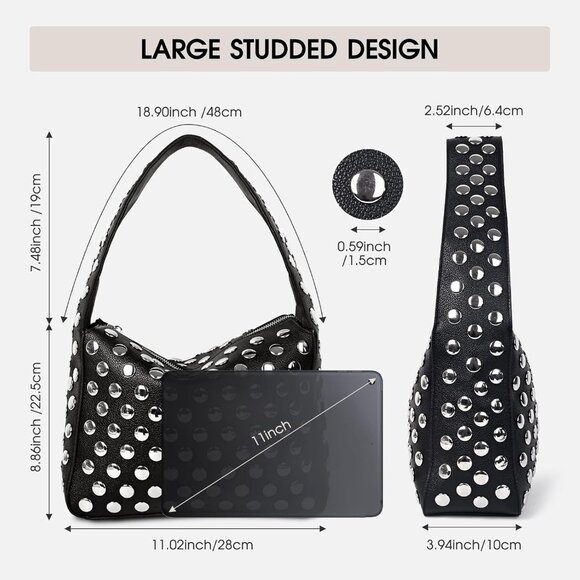 Y2K Black Vegan Leather Studded Shoulder Bag with Zipper Closure - Picture 3 of 7